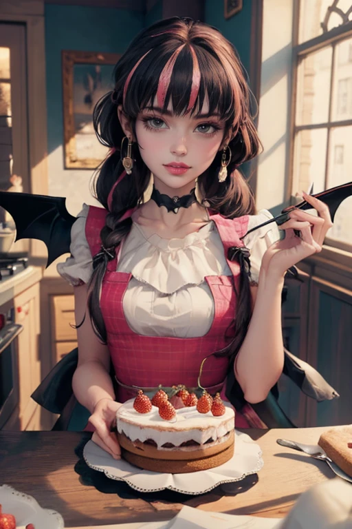 1 girl, a girl with bat wings, holding a pastry brush, succubus, bakery, a cake on focus, cake with strawberrys and red roses, bat choker, necklace, centered, bat jewelry, medieval castle scenery, Pink bat Jewelry, smile, vampire fangs, (looking at viewer), Draculaura_MH, wavy hair, Alone, half black hair, half pink hair, multicolored hair, long hair, braided hair, gothic scenery, medieval style, maid dress, white apron, maid apron, maid headdress, white skirt, pink knee boots, smiling, in kitchen, kitchen, black lanterns, stand up close to window, depth of field, film composition, ((high quality)), ((artwork)), (More details), maid dress, black maid headdress, black maid apron, bat wings, white dress, black dress with transparency, pink laces, pink gloves, black high socks , boots of high hills, bat jewel, jewel, sit on the grass, dark red roses in focus, Draculaura_(school of monsters), school of monsters, Looking at the viewer, More details on the clothes,