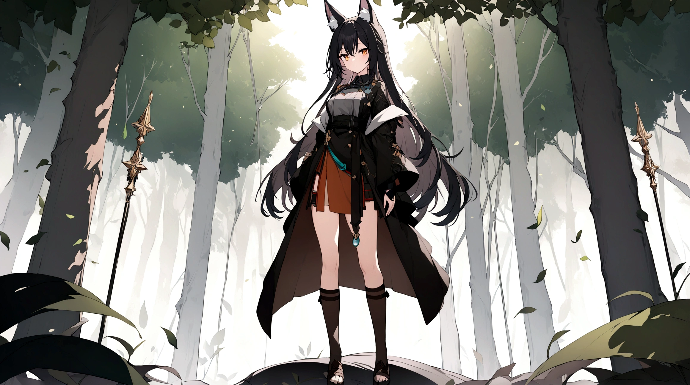 (1girl, Masterpiece, best quality) (detailed and beautiful eyes:1.6) (perfect hands, perfect anatomy) ((full body)) ((Adult)) fox-girl Misaki has ((short black hair styled in a slightly tousled manner and her fox ears are perked up attentively.)) (She wears a long, black leather coat and cloak adorned with intricate designs.) Her outfit includes a high-collared adventurer medium dress with red accents and leather straps, emphasizing a combination of elegance and practicality. She has a black over-to-knee socks. Misaki's orange eyes exude a sense of mystery and confidence. Light filtering through the leaves create a serene yet enigmatic atmosphere. Her positon showcases her strength, adultness and readiness for battle.
