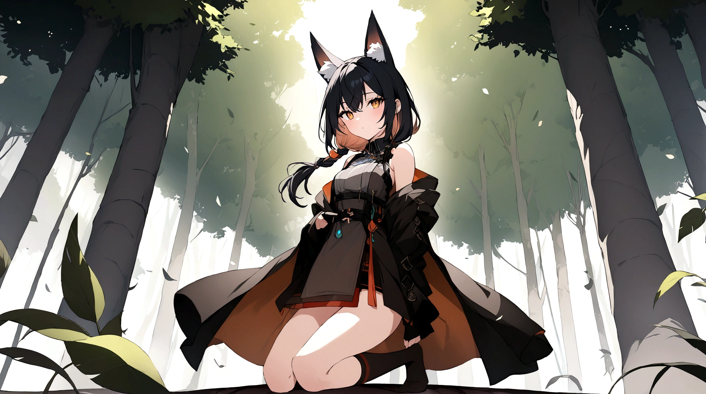 (1girl, Masterpiece, best quality) (detailed and beautiful eyes:1.6) (perfect hands, perfect anatomy) ((full body)) ((Adult)) fox-girl Misaki has ((short black hair styled in a slightly tousled manner and her fox ears are perked up attentively.)) (She wears a long, black leather coat and cloak adorned with intricate designs.) Her outfit includes a high-collared adventurer medium dress with red accents and leather straps, emphasizing a combination of elegance and practicality. She has a black over-to-knee socks. Misaki's orange eyes exude a sense of mystery and confidence. Light filtering through the leaves create a serene yet enigmatic atmosphere. Her positon showcases her strength, adultness and readiness for battle.
