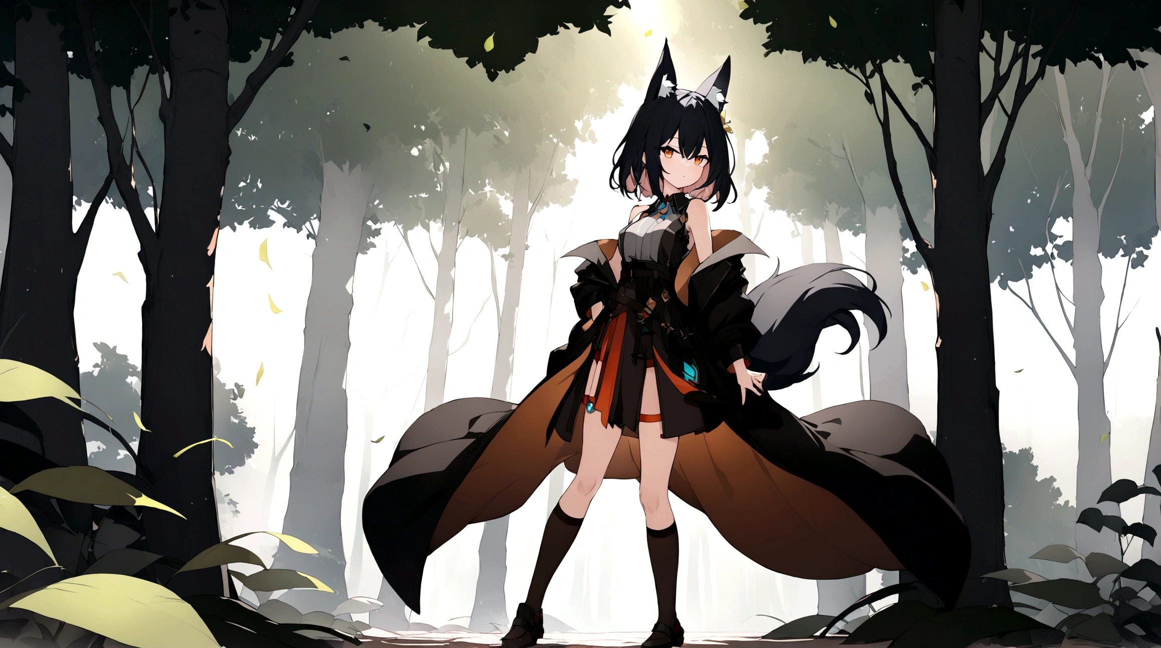 (1girl, Masterpiece, best quality) (detailed and beautiful eyes:1.6) (perfect hands, perfect anatomy) ((full body)) ((Adult)) fox-girl Misaki has ((short black hair styled in a slightly tousled manner and her fox ears are perked up attentively.)) (She wears a long, black leather coat and cloak adorned with intricate designs.) Her outfit includes a high-collared adventurer medium dress with red accents and leather straps, emphasizing a combination of elegance and practicality. She has a black over-to-knee socks. Misaki's orange eyes exude a sense of mystery and confidence. Light filtering through the leaves create a serene yet enigmatic atmosphere. Her positon showcases her strength, adultness and readiness for battle.