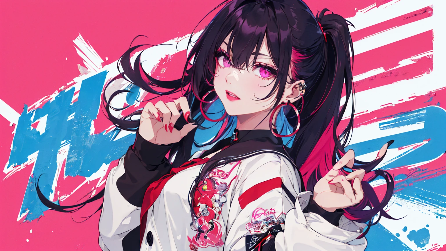 hair above one eye, Purple eyes, Clear Eyes, choker, Neon Shirt, torn legwear, open jacket、Blue pubic hair catches my eye,Bright red background、Red background, graffiti, Shineing grafiti, Shineing tattoos, Shine, Neon Light, Black light,Anime Style, movie portrait photography, 1 female, 22 years ago, Whole Body Ezbian,Big and ample breasts, anger, (Scarlet Hair), Long Hair, Purple eyes, wearing a short black dress, (Natural skin texture vivid details, Surreal, (Realistic eyes, Natural skin texture, Realistic facial details), Soft and dramatic lighting, Written boundary depth, Bokeh, vivid details, Surreal, 35mm movie, Absent-minded, movie,lipstick, ear piercing, eye shadow, Hoop Earrings, red pink lips, multicolored red eyes, Red background,Beautiful Eyes,Bold Pose、Strike a Pose,upper ponytail,drooping bangs,Droopy eyes、((school uniform))、high school girl