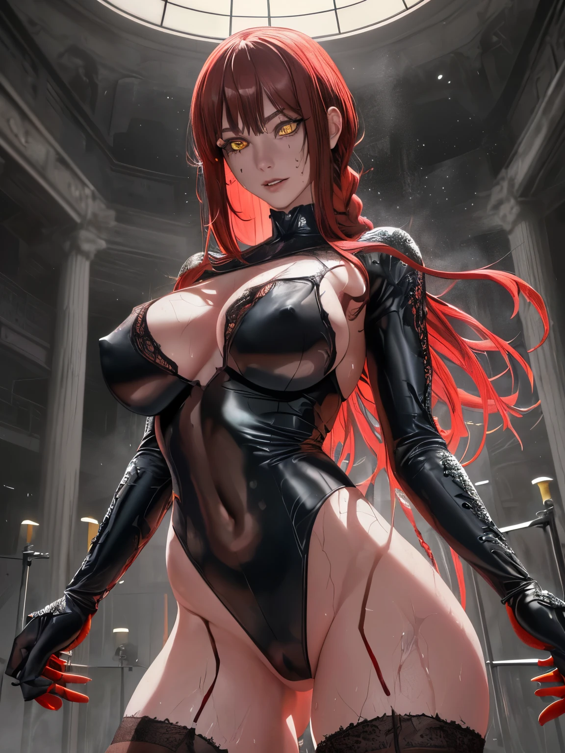 Best Quality,8k,high resolution,Masterpiece:1.2), (ultra detailed), (NSFW not safe for work art), (Running away) (Chainsaw Man Settings), (pose sexual), (realist,photorealist,photo-realist:1.37), (HDR,HD), (portrait), (vivid colors), (long legs), (clearly elongated face), (Hermosos detailed eyes), (yellow eyes with black profundos), (beautiful detailed lips), (extremely detailed eyes and face), bright Eyes, yellow eyes with black, Dynamic angle and posture, soaked in sweat, perspiration, undressing (long eyelashes), (long light red braid hair), (sharp focus), (physically based rendering), (BIG BREASTS) (open legs), (intense), (expression of intense desire), (motion blur), (elegant), (slim figure), (anime inspired), (bright lights), (sexual), (contrasting colors), (mysterious atmosphere), (action packed scene), (Unique style), (striking), (Handsome), (evocative), (expressive), (Intriguing atmosphere), (giant breasts:1.2) ((Best Quality)),((Very detailed)),Masterpiece,absurdities,detailed face,beautiful face,(detailed eyes, deep eyes),(1 girl),((dynamic pose)), looking at the viewer, SMILE
