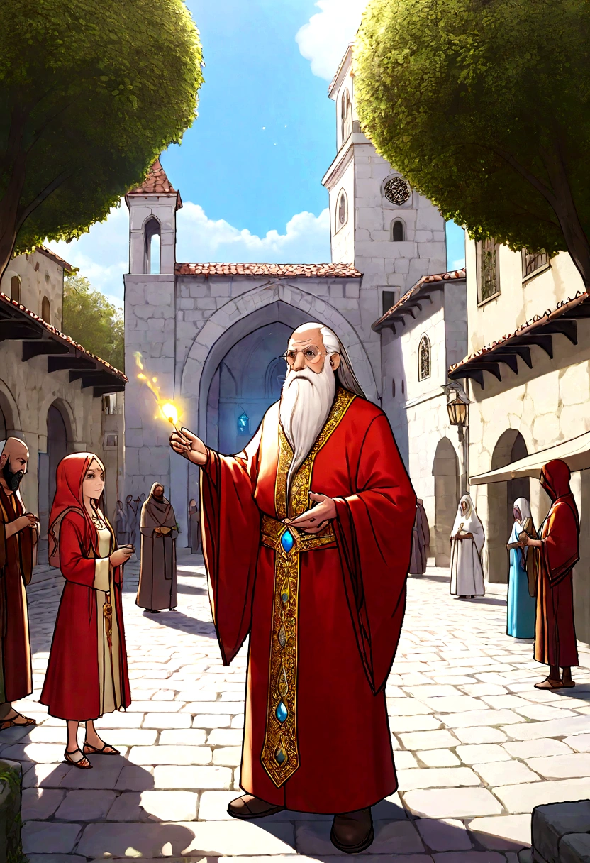 Create an image of a magical medieval square where Monk Manguelo, a wise man with a long white beard, is making a prophecy. He is dressed in red sacred robes, gold and white, with intricate embroidered details, and carries a staff adorned with crystals. A bright and mystical aura surrounds your figure. By his side is his daughter Cynthia, a young girl with eyes glowing with magical energy, dressed in clothes in shades of blue and silver. The crowd around, made up of people of all ages and backgrounds, observe with respect and admiration. The square is paved with ancient stones, surrounded by historic buildings and shady trees, with sunlight filtering through the leaves, softly illuminating dinner."
