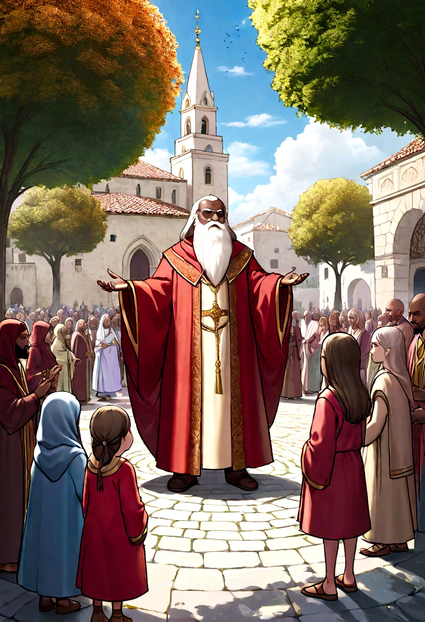 Create an image of a magical medieval square where Monk Manguelo, a wise man with a long white beard, is making a prophecy. He is dressed in red sacred robes, gold and white, with intricate embroidered details, and carries a staff adorned with crystals. A bright and mystical aura surrounds your figure. By his side is his daughter Cynthia, a young girl with eyes glowing with magical energy, dressed in clothes in shades of blue and silver. The crowd around, made up of people of all ages and backgrounds, observe with respect and admiration. The square is paved with ancient stones, surrounded by historic buildings and shady trees, with sunlight filtering through the leaves, softly illuminating dinner."