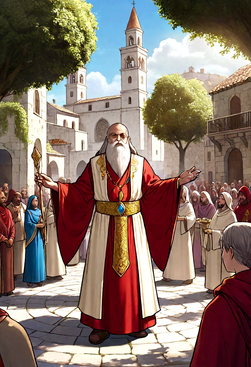 Create an image of a magical medieval square where Monk Manguelo, a wise man with a long white beard, is making a prophecy. He is dressed in red sacred robes, gold and white, with intricate embroidered details, and carries a staff adorned with crystals. A bright and mystical aura surrounds your figure. By his side is his daughter Cynthia, a young girl with eyes glowing with magical energy, dressed in clothes in shades of blue and silver. The crowd around, made up of people of all ages and backgrounds, observe with respect and admiration. The square is paved with ancient stones, surrounded by historic buildings and shady trees, with sunlight filtering through the leaves, softly illuminating dinner."