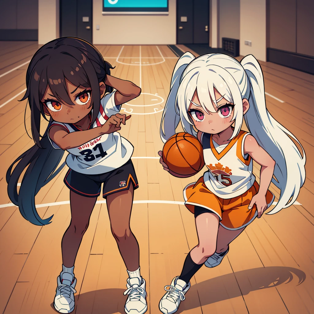 Stand in front of the photo、1girl in, (((dark skin))), Full body, long wild white hair pulled back, sneakers, look of concentration, kawaii pose, sporty, basketball, Wearing colored tights, up of face、Eye Up、Colorcon with heart pattern, basketball clothing, posing with basketball、