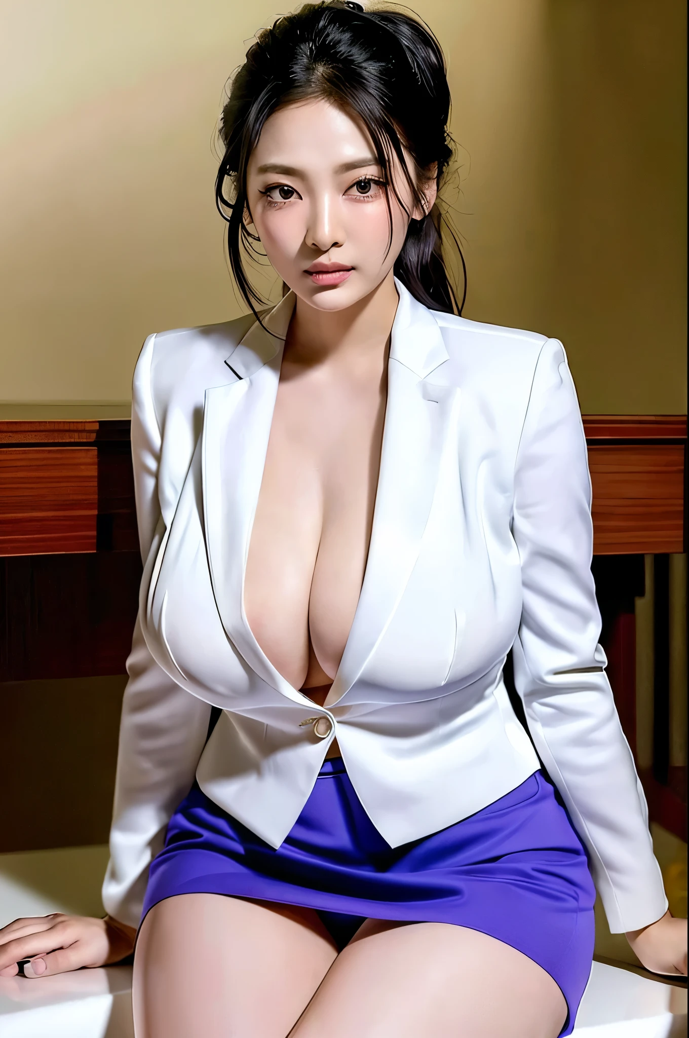 masterpiece:1.3), (High resolution:1.1), Detailed beautiful face, Detailed beautiful, (huge breasts, gigantic breasts:1.4 arafed asian woman in a purple suit sitting on a white bathtub, generous cleavage open jacket, wearing tight suit, gorgeous young korean woman, in strict suit, gorgeous chinese model, korean woman, beautiful south korean woman, korean girl, with a business suit on, wearing business suit, in a strict suit, wearing a strict business suit, cleavage