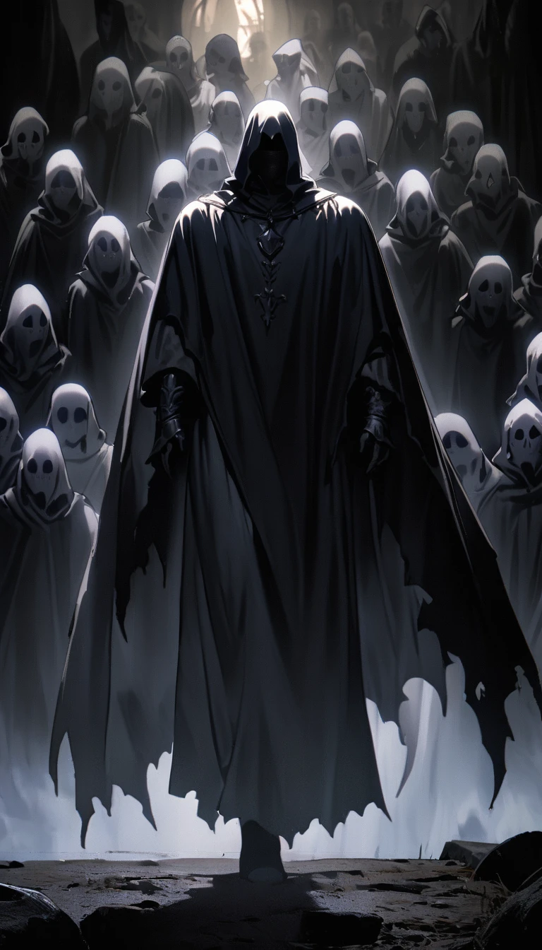 male knight ghostly form, knight ghostly figure, knight shrouded figure, shadowy and eerie character, eerie person, eerie person silhouette, black knight ghost, floating ghost, distant full body view, mysterious figure, zoomed out full body, black transparent ghost screaming, facing front, medieval, black
