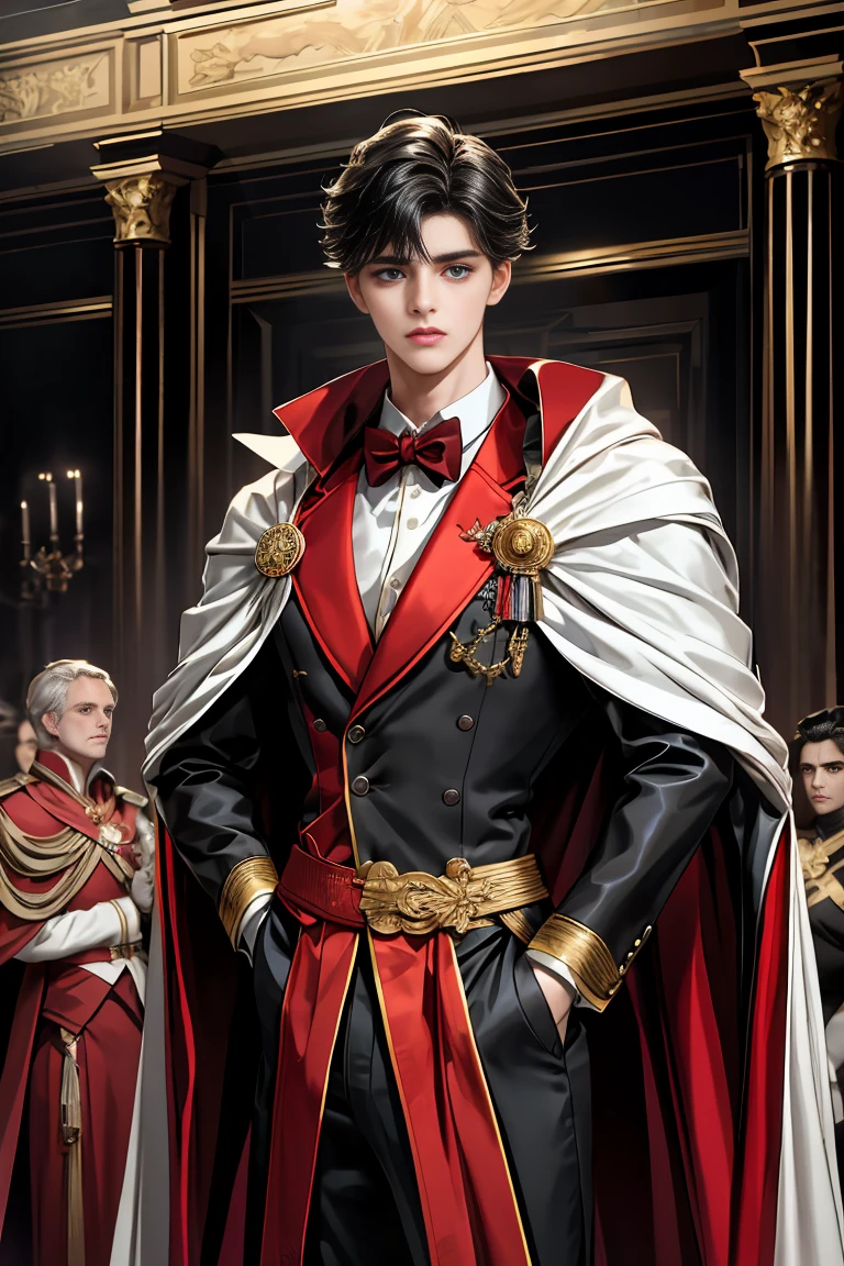 masterpiece, 最high quality, high quality, 1 boy, alone, Male focus, Watching the audience, Messy black hair, Adorable big blue eyes, White people, Noble, Noble,Sexy voluminous black and red cape、Tuxedo、A very voluminous, large, very large, very large, long, long red and black cape with a high stand-up collar, reaching down to the floor, made of a lot of fabric., 17 years old,Cute beautiful boys,Cute, cute, kind, handsome guy