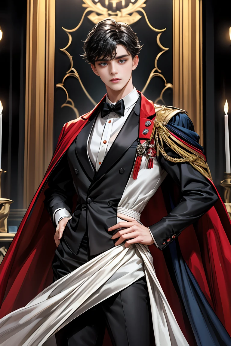 masterpiece, 最high quality, high quality, 1 boy, alone, Male focus, Watching the audience, Messy black hair, Adorable big blue eyes, White people, Noble, Noble,Sexy voluminous black and red cape、Tuxedo、A very voluminous, large, very large, very large, long, long red and black cape with a high stand-up collar, reaching down to the floor, made of a lot of fabric., 17 years old,Cute beautiful boys,Cute, cute, kind, handsome guy