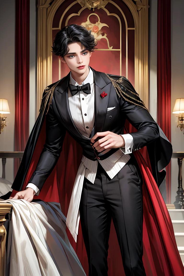 masterpiece, 最high quality, high quality, 1 boy, alone, Male focus, Watching the audience, Messy black hair, Adorable big blue eyes, White people, Noble, Noble,Sexy voluminous black and red cape、Tuxedo、A very voluminous, large, very large, very large, long, long red and black cape with a high stand-up collar, reaching down to the floor, made of a lot of fabric., 17 years old,Cute beautiful boys,Cute, cute, kind, handsome guy