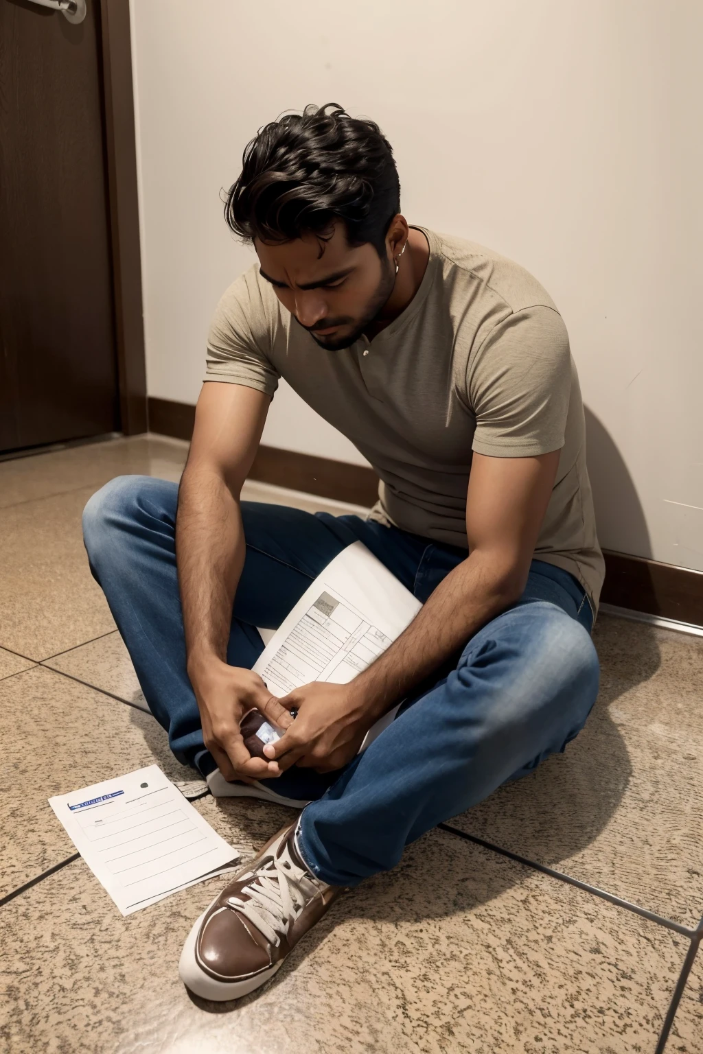 brown man sad and desperate due to lack of money, with many bills to pay scattered on the floor and dreaming of a better future
