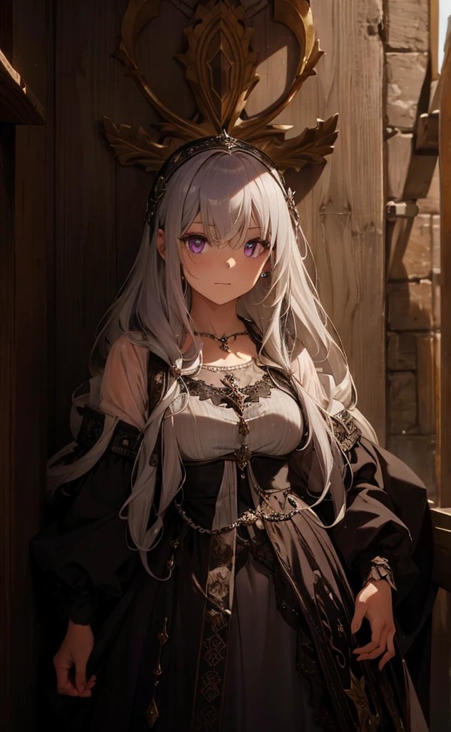 a silver hair  woman in a medieval garb and standing in front of a wall with celing art, 1girl, long hair, solo, silver  hair, dress, jewelry, necklace , purple eyes 