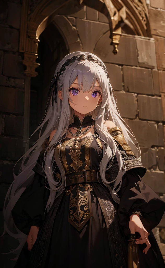 a silver hair  woman in a medieval garb and standing in front of a wall with celing art, 1girl, long hair, solo, silver  hair, dress, jewelry, necklace , purple eyes 