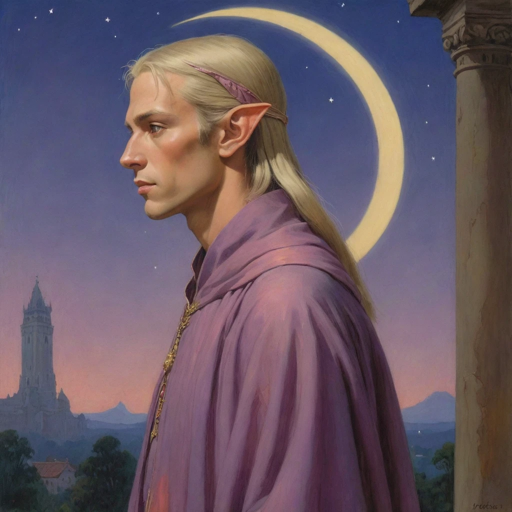 Masterpiece, (realistic), (propaganda poster), ((Moebius Jean Giraud)), ((((haughty upright profile portrait of a veiled male age wood elf, blonde, young, priest, sensual, imposing, dignified, proud, arrogant, wearing silk, purple and pink robes with detailed crescent moon, star elements, petting a cat)))), ((Corinthian columns, jungle, dusk background, moths))