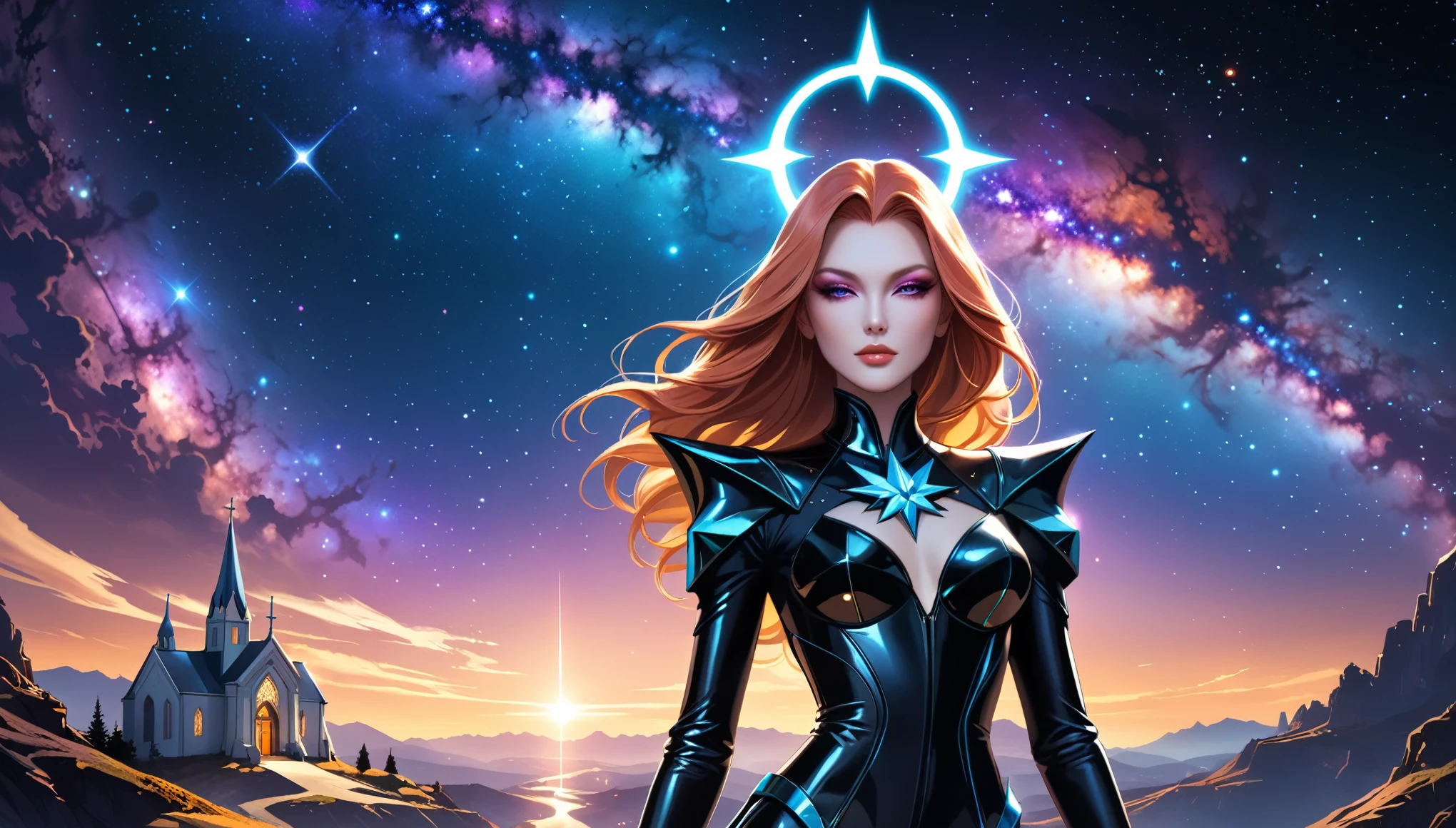 in style of Thierry Mugler,character concept design, half body stunning natural landscape, church,Cyberpunk style,galaxy,Fractal,Halo,Fantasy art,