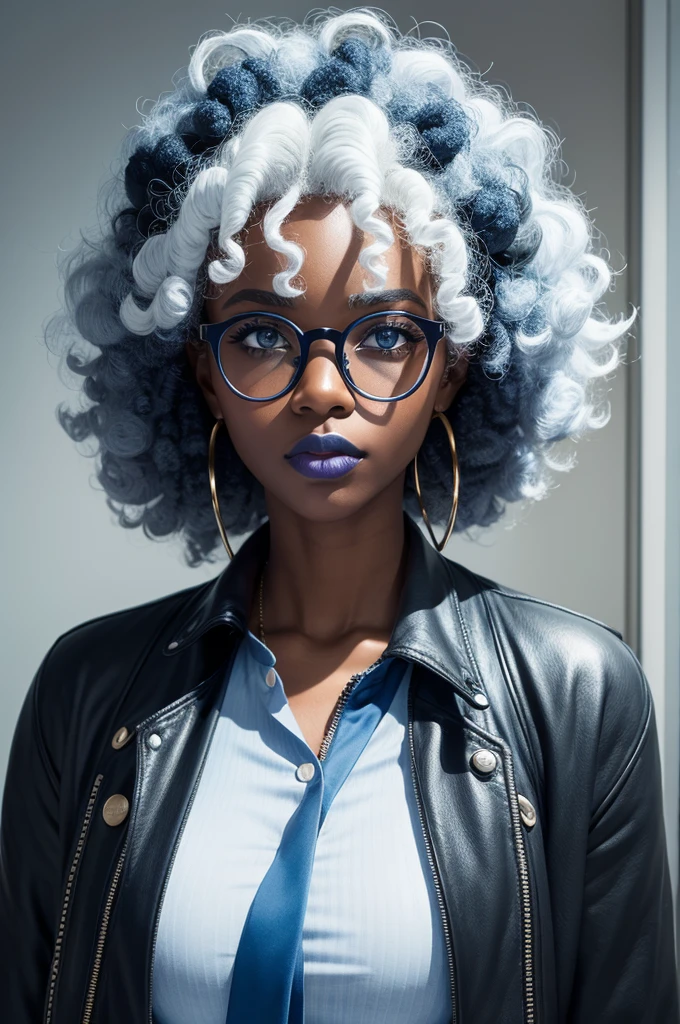black skin woman, blue colored eyes, round glasses, light blue lipstick, curly and afro white hair, investigator clothes, Detective