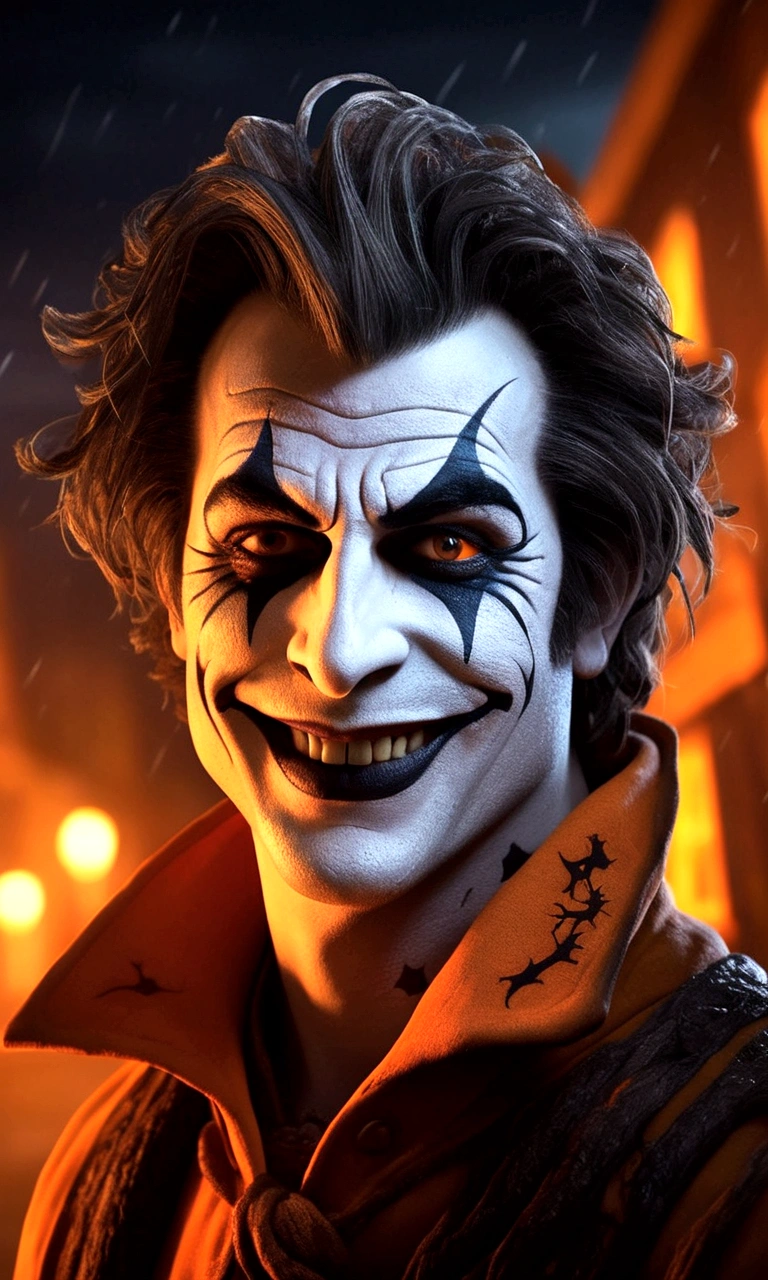 A cinematic close-up portrait of a terrifying The Jester, a whimsical character, laughing maniacally with reckless abandon, behind him, a chaotic Halloween town scene unfolds, warmly lit buildings, fiery orange pumpkins, and fluttering yellow caution tape, contrasted with the dark, ominous silhouettes of frightened townsfolk, frozen in terror, the image radiating a sense of foreboding, horror, and mesmerizing unease, terrifying dark mood 