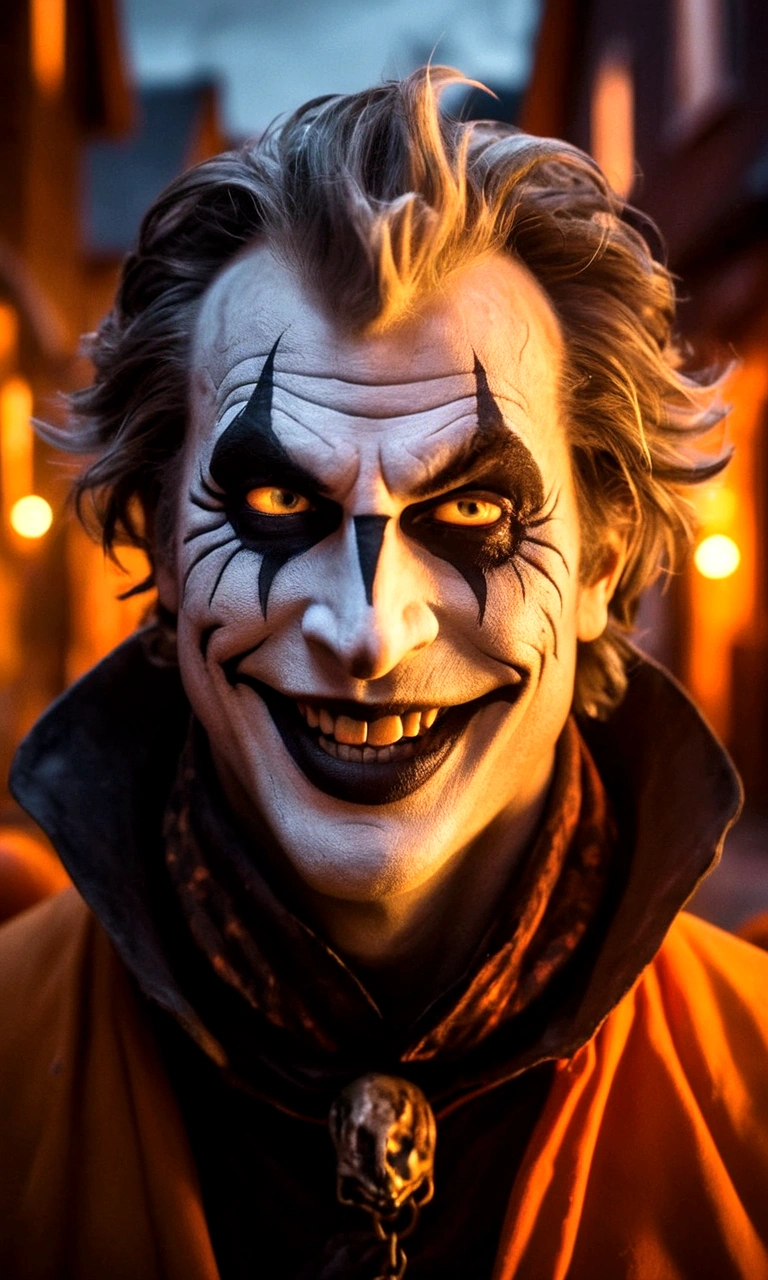 A cinematic close-up portrait of a terrifying The Jester, a whimsical character, laughing maniacally with reckless abandon, behind him, a chaotic Halloween town scene unfolds, warmly lit buildings, fiery orange pumpkins, and fluttering yellow caution tape, contrasted with the dark, ominous silhouettes of frightened townsfolk, frozen in terror, the image radiating a sense of foreboding, horror, and mesmerizing unease, terrifying dark mood