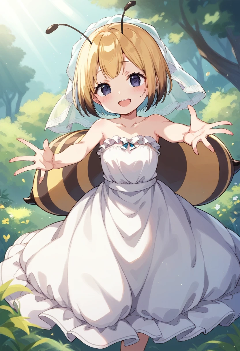 score_9, score_7_up, score_6_up, 1girl, source_cartoon, source_anime,breathtalking Scenery,watercolor,smooth soft skin, natural skin,rating_questionable
BREAK 
(hornet girl:1.3), bee girl,(little female child:1.4), (loli:1.4),6 yo, kawaii,baby face,small breast, cute face,oily skin,beautiful eyes, detailed eyes,happy,
BREAK 
(black bob cut:1.5),(yellow gradient hair:1.1),(yellow dip-dye hair:1.2),(black lob hair:1.),ahoge,(nail_polish:1.1), black eyes,puffy eyes,Meticulous Eyelash Details,
BREAK 
(bee antennae:1.3), (PVC material Extremely small bee wings:1.1), (invisible bee wings:1.1),
BREAK
(slender line wedding dress:1.3),(silk veil:1.3),high heel,silk cape,(blush:0.8),pierce,frill,layered dress,
BREAK 
open arms for viewer,In a secluded setting, reaching out,surrounded by a dense forest, the bog lay hidden like a secret gem, its misty surface whispering tales of ancient times,dynamicangle,