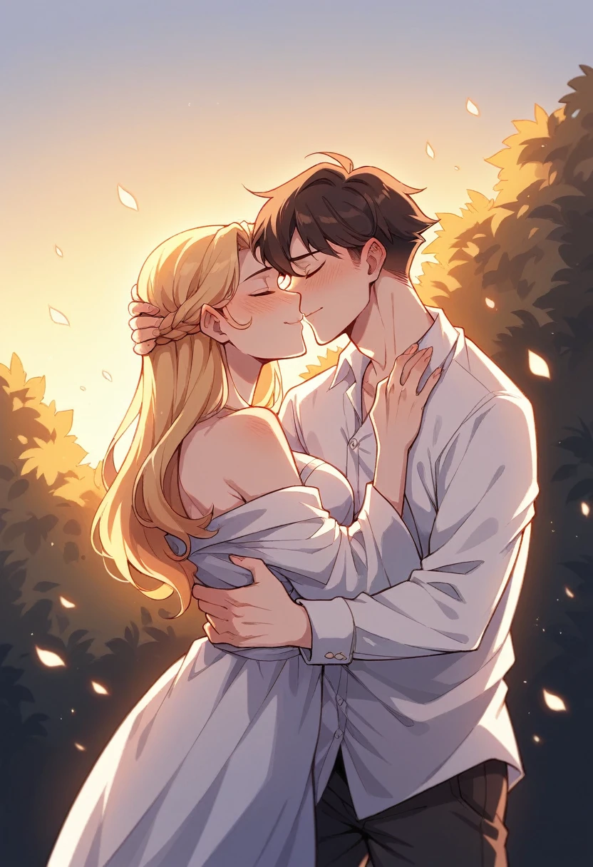 Helga Sinclair, wink, Victorian dress, large breasts, cleavage, white top brown skirt, white button blouse, hair up, brown hat with yellow flowers, looking at viewer, in park, green hedges, couple, standing in front of each other, kissing, helga holding man's , romantic, grabbing, hand job, Helga's hands focus