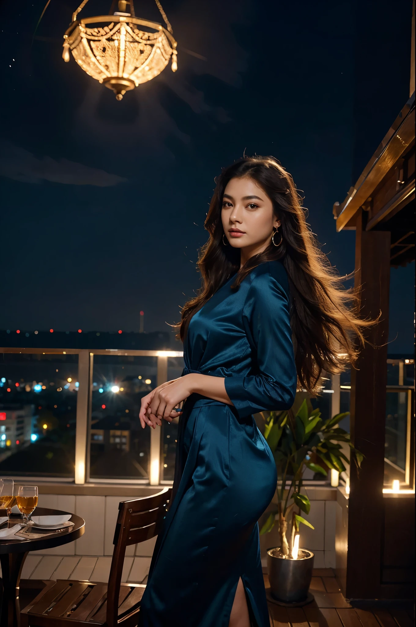Full body high fashion, curly long hair, floating hair by the wind, extreme artistic, intricate poses, Incredible photorealistic high resolution camera pics in the style of gardenia of a luxury scenic at patio in rooftop with Jakarta city scape,view in the night and beautiful stylish decor night Life, realistic eyes, facial profile view, Head to toe, Full body, used high heels, used earrings, relaxed, at night Cinematic, ethereal, 900k photorealistic camera shot, young Asian who looks like
An idol, strong but elegant, sophisticated modeling beautiful blue clothes in the style of wealthy appearance, at night, nightlife, glamour colors, backlit, soft light, dim light, hair light, epic lighting, natural colors, glamourous atmosphere, romantic vibes