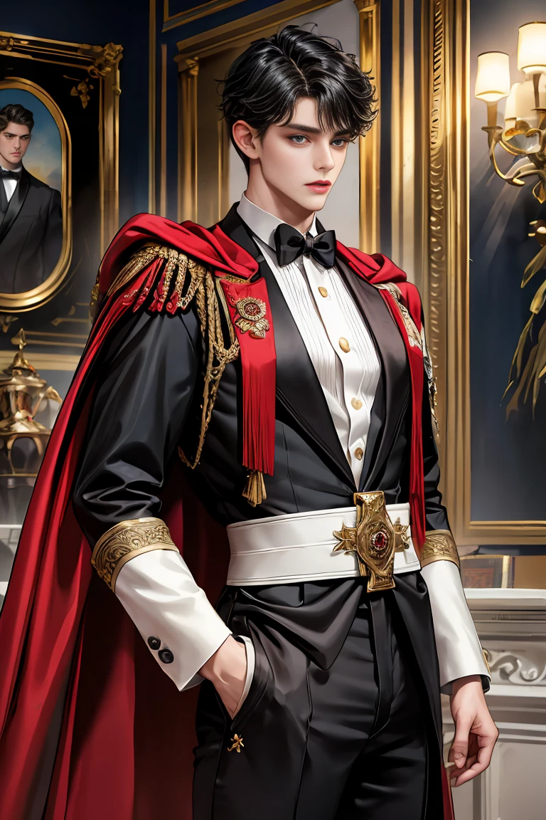 
masterpiece, 最high quality, high quality, 1 boy, alone, Male focus, Watching the audience,  Messy black hair, Adorable big blue eyes, White people, Noble, Noble,Sexy voluminous black and red cape、Tuxedo、A very voluminous, large, very large, very large, long, long red and black cape with a high stand-up collar, reaching down to the floor, made of a lot of fabric., 17 years old,Cute beautiful boys,Cute, cute, kind, handsome guy