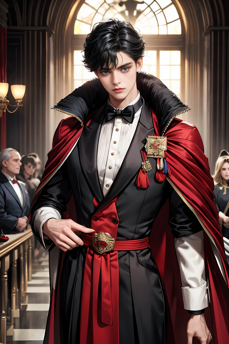 
masterpiece, 最high quality, high quality, 1 boy, alone, Male focus, Watching the audience,  Messy black hair, Adorable big blue eyes, White people, Noble, Noble,Sexy voluminous black and red cape、Tuxedo、A very voluminous, large, very large, very large, long, long red and black cape with a high stand-up collar, reaching down to the floor, made of a lot of fabric., ,Cute beautiful boys,Cute, cute, kind, handsome guy