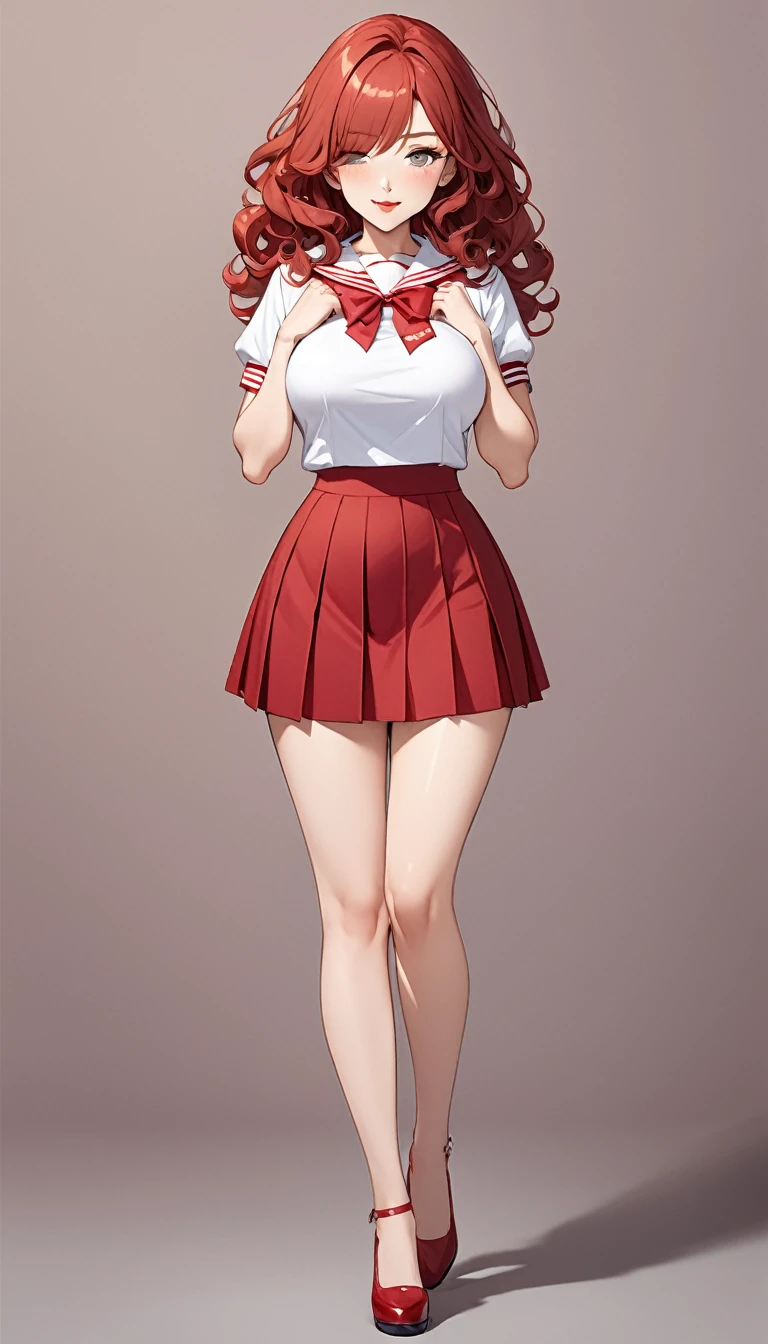 (((masterpiece))),(((High resolution)))、(((8K quality)))、(((Perfect Face)))、((Top quality eyes)), Attractive 40 year old woman, Anime Style、Too many bangs、Wavy Hair, Medium Hair, ((Hair on one eye)), Redhead, Small eyes, Brown eyes, Beautiful Eyes、red and thick lips、Big Breasts、Big Ass、Cleavage、Tight waist、Short-sleeved sailor suit、high school girl、Pleated skirt、full body shot, front、smile、Simple Background、noon、In front of a stylish beauty salon、Cute pose