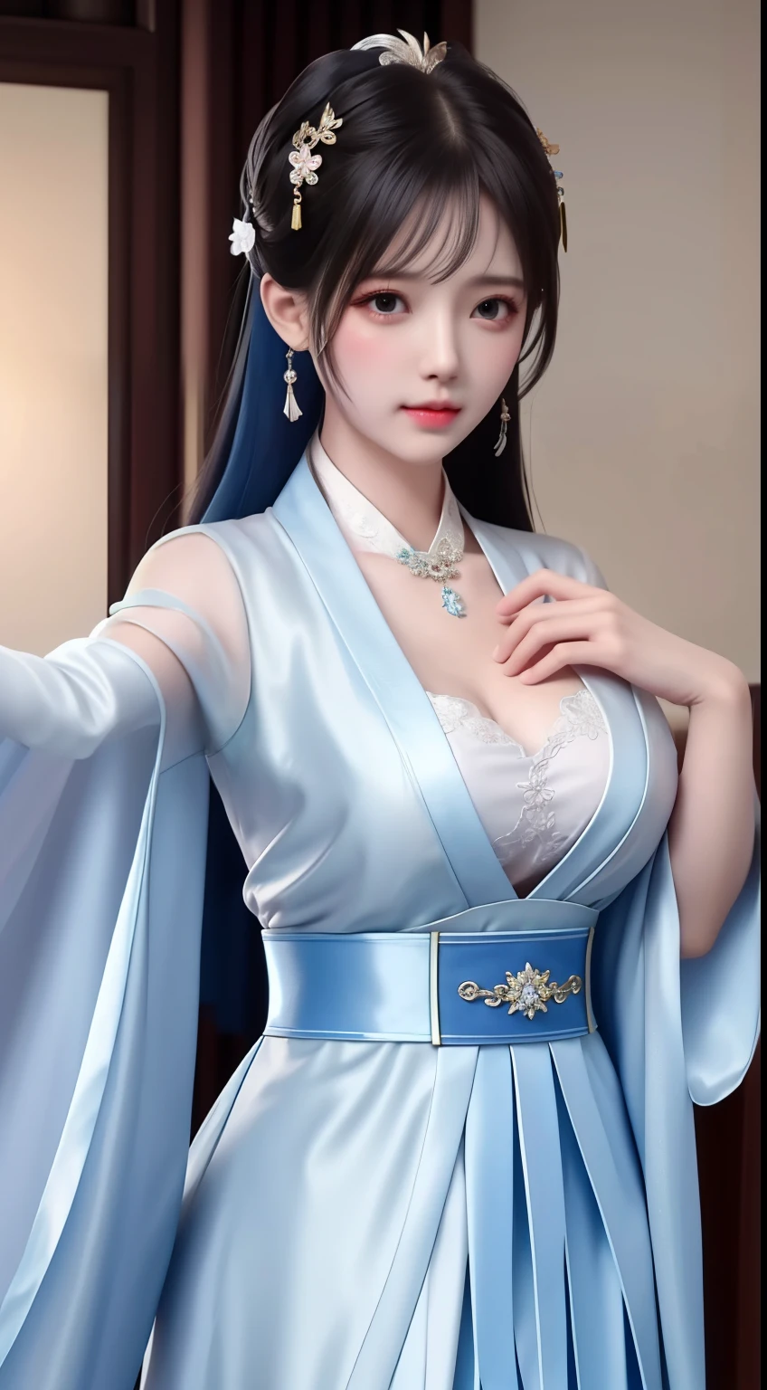 best quality, masterpiece, highres, 1girl,china dress,hair ornament,necklace, jewelry,Beautiful face,upon_body, tyndall effect,photorealistic, dark studio, rim lighting, two tone lighting,(high detailed skin:1.2), 8k uhd, dslr, soft lighting, high quality, volumetric lighting, candid, Photograph, high resolution, 4k, 8k, Bokeh, Wet-breasted Hanfu open V-chested clothes, All pictures, Wet body of thin silk fabric, Thin silk lace petticoat,princess 10 yeald old cute, (huge ，cleavage),petticoat, white pink, blue ，best qualtiy，tmasterpiece，Ultra-high resolution，（Reality：1.4），RAW photogr，（True skin texture：1.3），（filmgrain：1.3），（Selfie angle），1个Giant Breast Girl，Beautiful eye and face details，tmasterpiece，Best quality at best，exposing thighs，Bigchest，The chest is more exposed, pattern on fabric