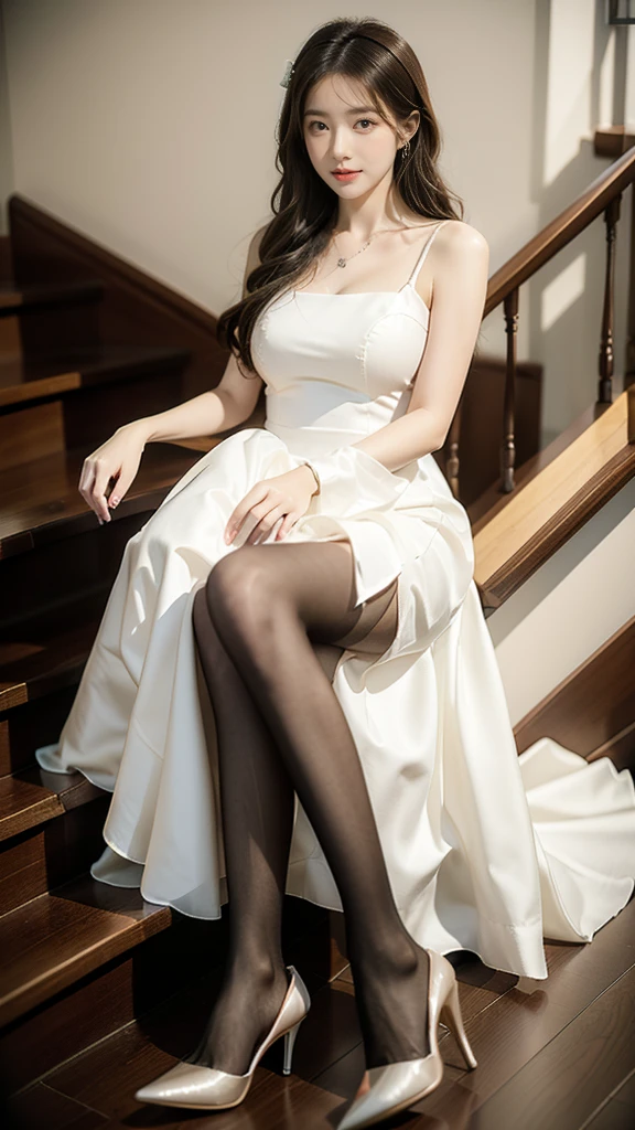 (8K,tmasterpiece,RAW photos,best qualtiy,the detail:1.2),Korean female model,Height 175 cm,perfect bodies,Long legs,wavy and long hair,Standing on wooden stairs in wedding dress and high heels, Wearing a wedding dress, long wedding dress, full - length view, fantasy long intricate gown, an elegant woman in white wedding dress, full lenght shot, sophisticated dress,((Pantyhose)),Ray tracing,Full body portrait