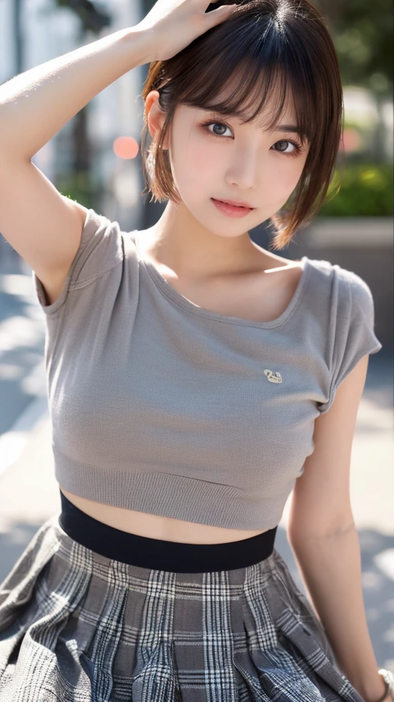 ((perfect anatomy:1.5,realistic:1.3,RAW photo:1.3,masterpiece、highest quality、Ultra - High resolution、High resolution、Detailed CG、8K)),cowboy shot,1 female,alone,dancer,18-year-old、high school girl beautiful girl,Japanese,((beautiful detailed face and eyes:1.2,big and gorgeous eyes:1.2,gray eyes)),dark brown hair,short bob hair,bangs,medium breasts,slender body,small head:1.3,skinny,(oily skin,glowing skin,shiny skin、Sweat),、plaid pleated mini skirt,on the road,Harajuku、Tokyo、