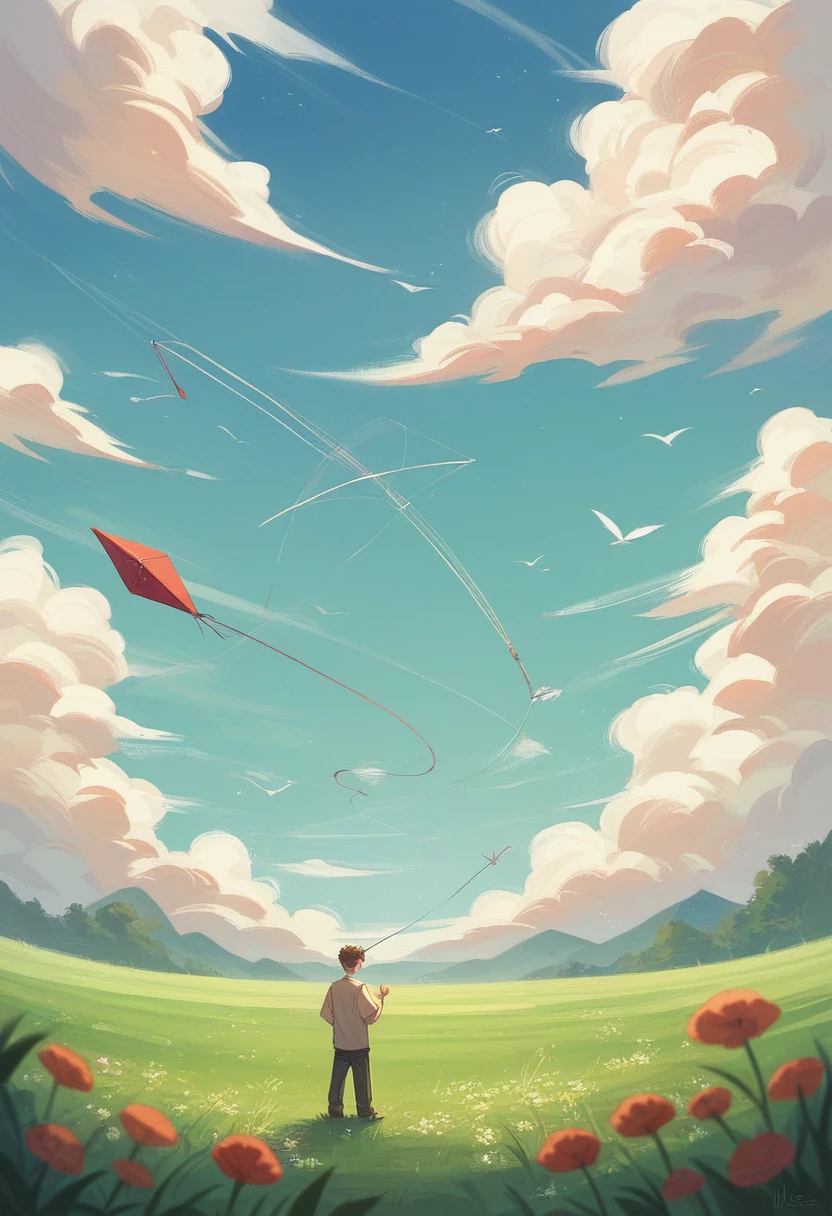 boy，Kite，Lawn and blue sky