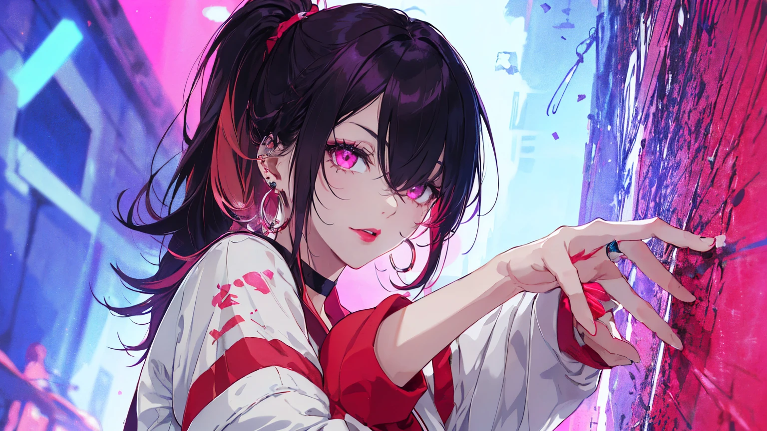 hair above one eye, Purple eyes, Clear Eyes, choker, Neon Shirt, torn legwear, open jacket、Blue pubic hair catches my eye,Bright red background、Red background, graffiti, Shineing grafiti, Shineing tattoos, Shine, Neon Light, Black light,Anime Style, movie portrait photography, 1 female, 22 years ago, Whole Body Ezbian,Big and ample breasts, anger, (Scarlet Hair), Long Hair, Purple eyes, wearing a short black dress, (Natural skin texture vivid details, Surreal, (Realistic eyes, Natural skin texture, Realistic facial details), Soft and dramatic lighting, Written boundary depth, Bokeh, vivid details, Surreal, 35mm movie, Absent-minded, movie,lipstick, ear piercing, eye shadow, Hoop Earrings, red pink lips, multicolored red eyes, Red background,Beautiful Eyes,Bold Pose、Strike a Pose,upper ponytail,drooping bangs,Droopy eyes、((school uniform))、high school girl