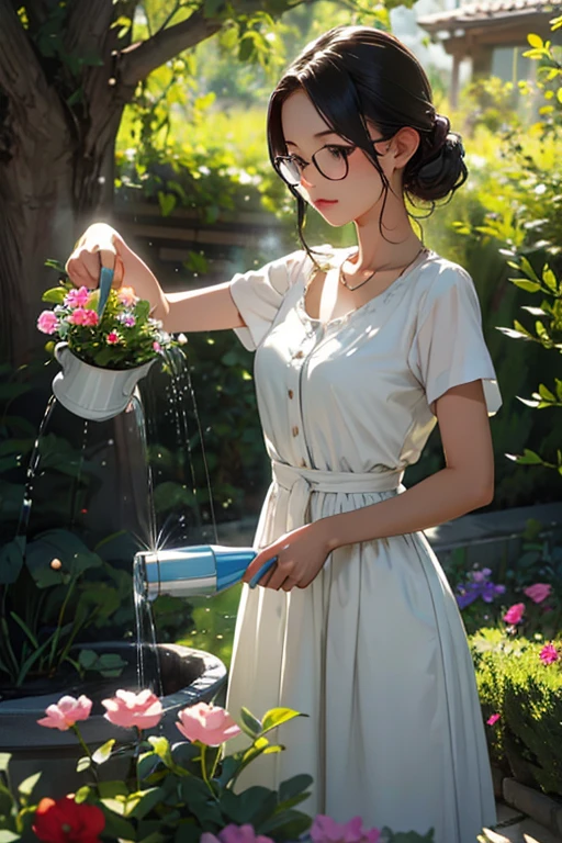 Highest quality、masterpiece、High sensitivity、High resolution、Detailed Description、One Woman、Slim Body、Glasses、Watering the flowers in the flowerbed、