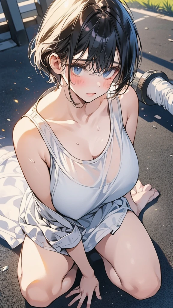 masterpiece,8K,high school girl、cute、Bobcut、Light clothing、Huge breasts、Short white tank top、sports、Sweaty、cute、Plain white panties、Squat、Leg spread、blush、