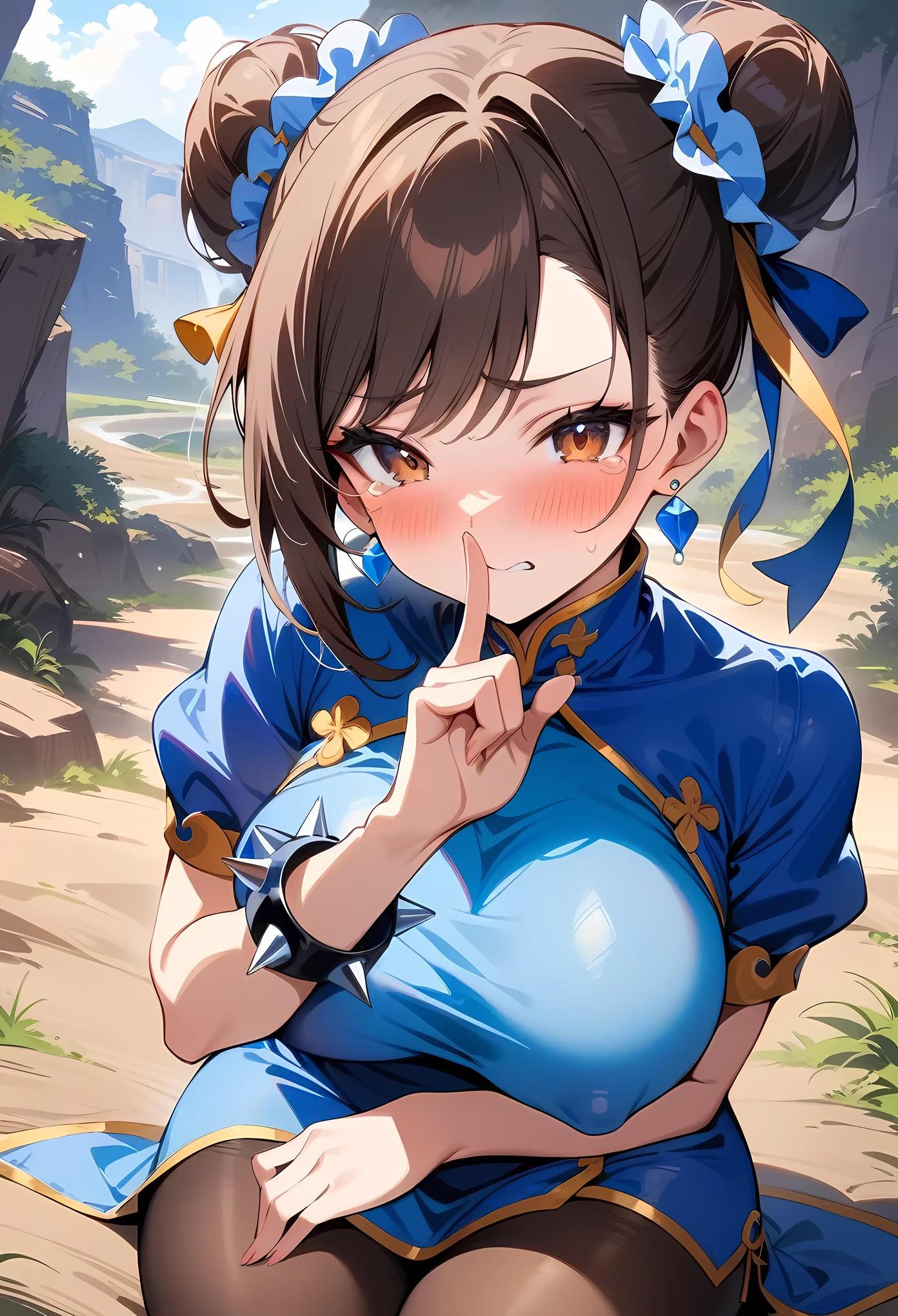 masterpiece, best quality, very aesthetic, absurdres, newest,1girl, (covered_nipples:1.2), (close-up of face), shushing, silence gesture,finger_to_mouth,blush,tears in eyes,embarrassed,,,Chun_li(street_fighter),1girl,bracelet, brown_eyes, brown_hair, bun_cover, blue china_dress, chinese_clothes, double_bun, dress, earrings, hair_bun, jewelry, pantyhose, puffy_short_sleeves, puffy_sleeves, short_hair, short_sleeves, spiked_bracelet, spikes, swept_bangs, thick_thighs, thighs,large_breasts,in the canyon