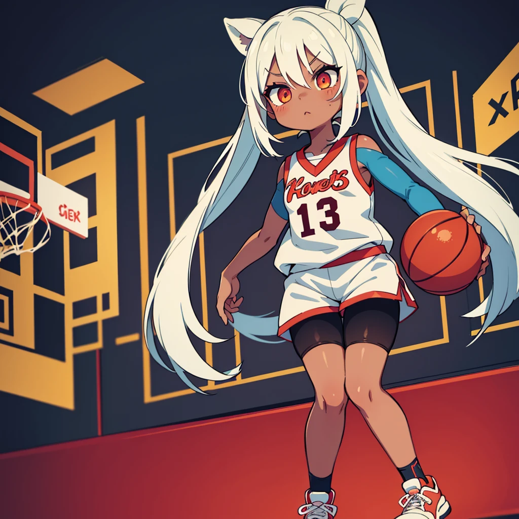 Stand in front of the photo、1girl in, (((dark skin))), Full body, long wild white hair pulled back, sneakers, look of concentration, kawaii pose, sporty, basketball, Wearing colored tights, up of face、Eye Up、Colorcon with heart pattern, basketball clothing, posing with basketball、