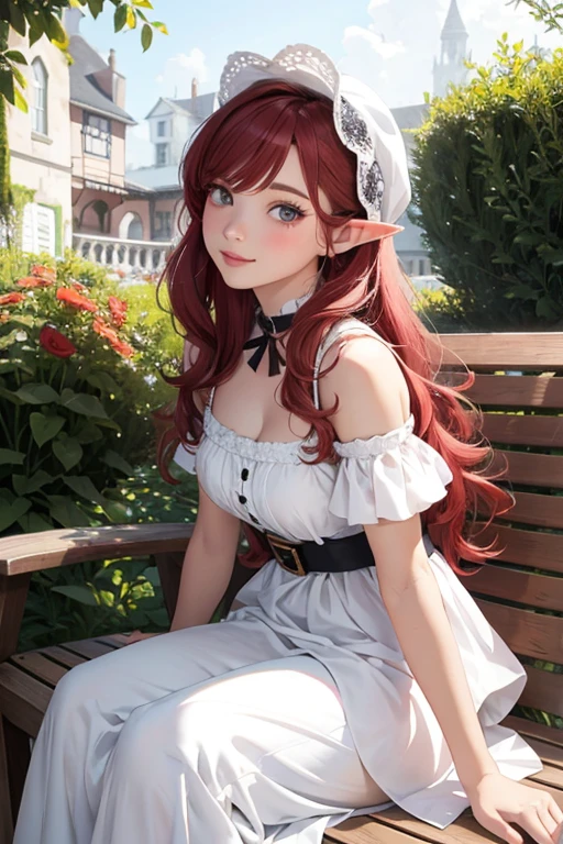 Little Elf Lola, curved, beautiful smile, Long red hair, loose, shiny and silky, ((full body)), sitting on a bench woven with flowers, with your back to the camera, (best quality, 4K, 8k, high resolution, masterpiece: 1.2), ultra-detailed (realistic, photorealistic: 1.37), beautiful detailed eyes, beautiful detailed lips, extremely detailed eyes, extremely detailed eyes and face, long eyelashes, toony style, playful expression, curved silhouette, looking over the shoulder, pink and white color palette, soft lighting
