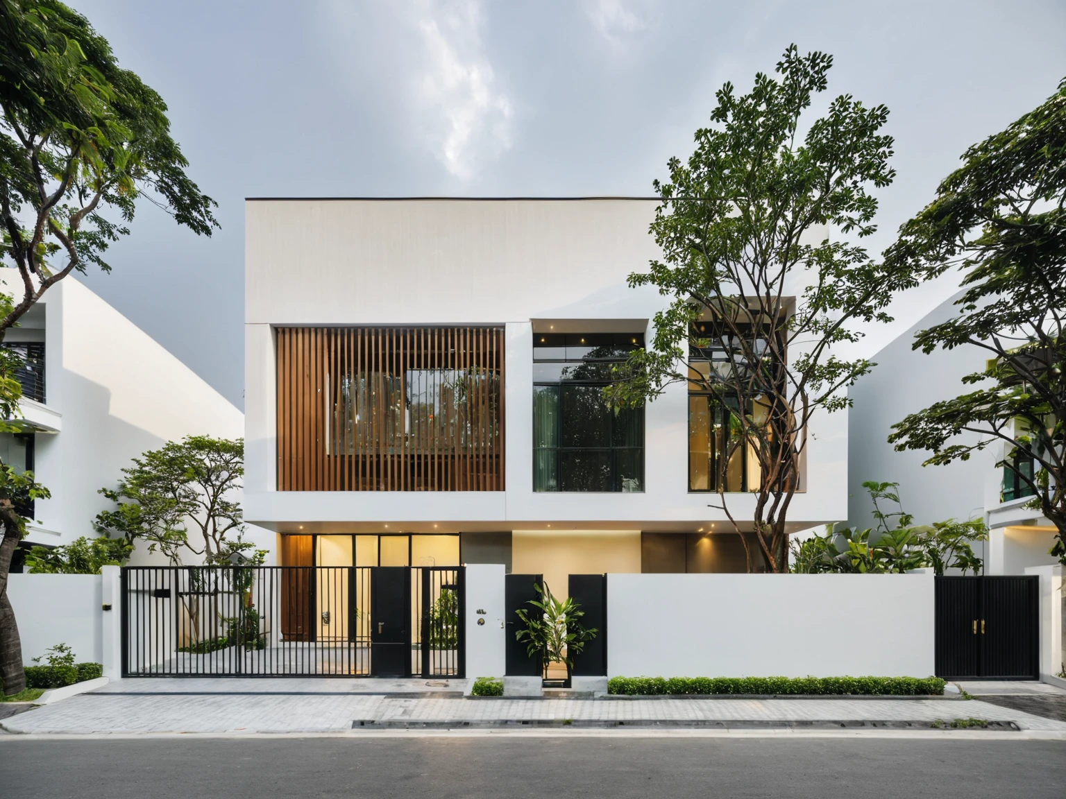 RAW photo, a photo of a modern villa, sidewalk, sidewalk trees, steel gate, road, viet nam modern residence, a car parked in front of it, rough white wall, new residential area, wide angle exterior 2022, contemporary house, exterior photography, masterpiece, contemporary architecture, overcast, indirect lighting