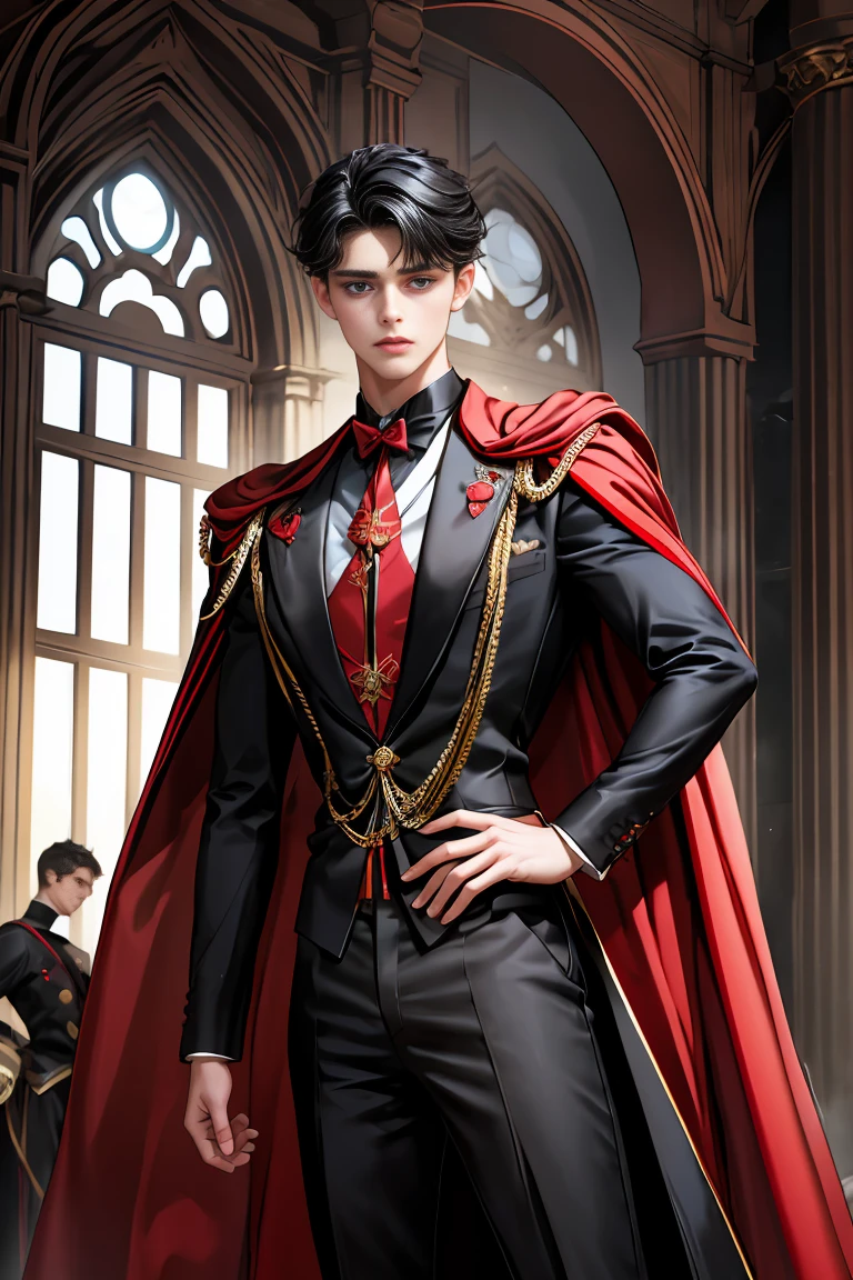 masterpiece, 最high quality, high quality, 1 boy, alone, Male focus, Watching the audience, Messy black hair, Adorable big blue eyes, White people, Noble, Noble,Sexy voluminous black and red cape、Tuxedo、A very voluminous, large, very large, very large, long, long red and black cape with a high stand-up collar, reaching down to the floor, made of a lot of fabric., ,Cute beautiful boys,Cute, cute, kind, handsome guy