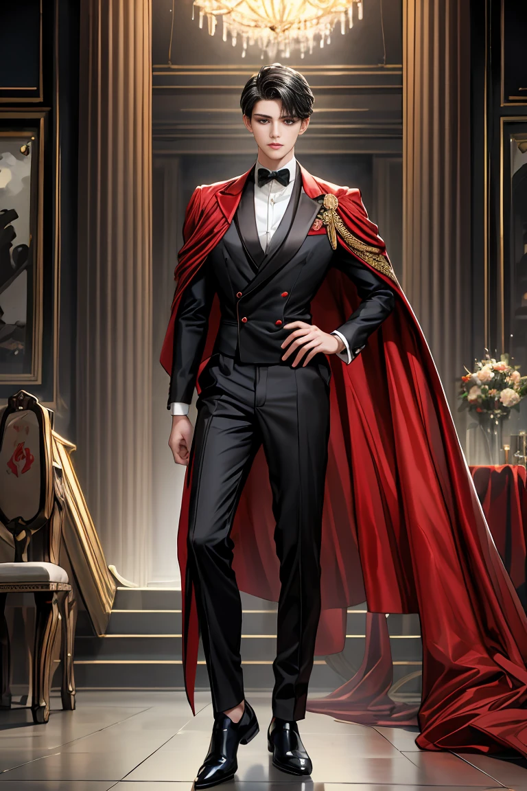 masterpiece, 最high quality, high quality, 1 boy, alone, Male focus, Watching the audience, Messy black hair, Adorable big blue eyes, White people, Noble, Noble,Sexy voluminous black and red cape、Tuxedo、A very voluminous, large, very large, very large, long, long red and black cape with a high stand-up collar, reaching down to the floor, made of a lot of fabric., ,Cute beautiful boys,Cute, cute, kind, handsome guy