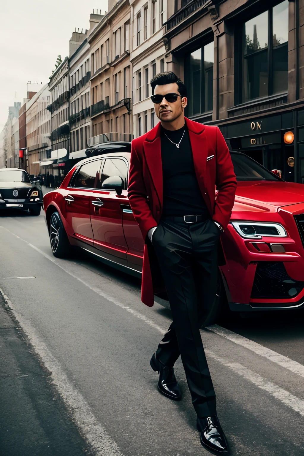 A man With a suit of red coat and black pant.
Background a city and a rolls royles car near 