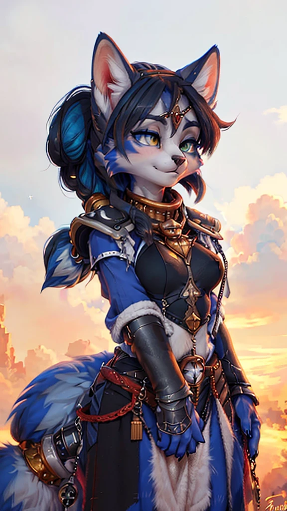 A beautiful and detailed (sweet picture) of ((Krystal)), Star Fox Krystal, detallierte augen, green eyes, medium breasts, (((Long blue hair 1.3))), ((black hair tips)), Decollete, anthro, furry, Uploaded E621, detailed fluffy fur, (wa Fluff-Kevlar, Bayard Wu, Personalami, Pino Daeni), detailed face, (fluffy), 1 girl, alone, brustpanzer, brüste sind verdeckt