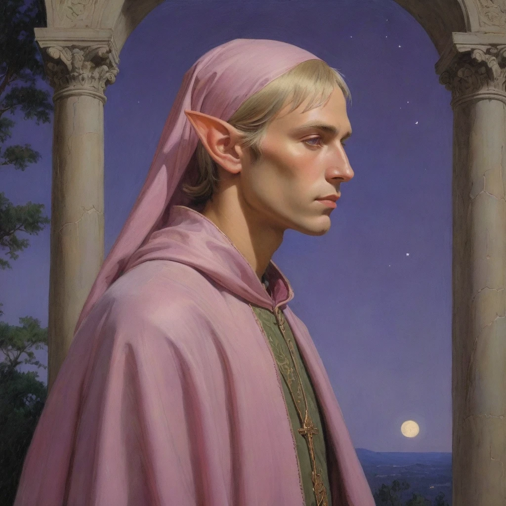 Masterpiece, (realistic), (propaganda poster), ((Moebius Jean Giraud)), ((((haughty upright profile portrait of a veiled male teenage wood elf, blonde, young, priest, sensual, imposing, dignified, proud, arrogant, wearing silk, purple and pink robes with detailed crescent moon, star elements)))), ((Corinthian columns, jungle, dusk background, moths))