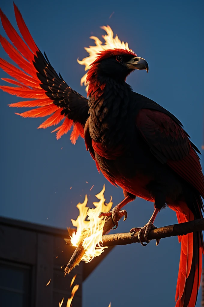 A red and black phoenix bird with fire in the background