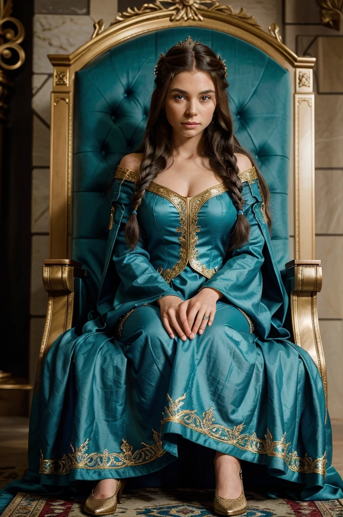 Marvel comic art style, Within the majestic throne room of the castle, the sorcerer girl stands beside the ornate throne, her long wavy hair styled in an intricate braid. Her sky blue eyes exude wisdom and grace as she listens to courtly affairs. She wears a royal gown in emerald green, embellished with gold embroidery, symbolizing her royal lineage. Her wolf companion sits regally at her feet, a silent guardian in the grandeur of the royal court.