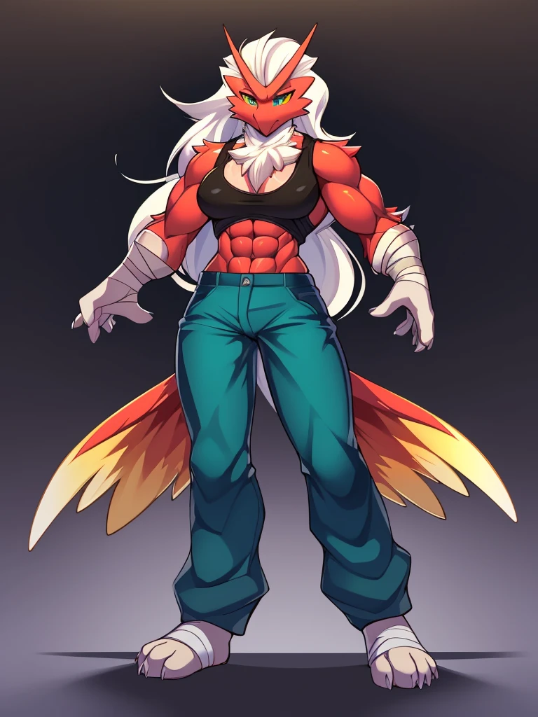 [blaziken], (mayosplash), (wamudraws)], ((masterpiece)), ((HD)), ((solo portrait)), ((front view)), ((furry; anthro)), ((detailed shading)), ((beautiful render art)), ((intricate details)), {anthro; red feathers, red beak, (yellow talon feet), (long white hair), cute teal eyes, (yellow sclera), (half-closed eyes), (medium boobs), (defined muscles), (beautiful feet), (clothing, topwear: tanktop, bottomwear:(pants:black) footwraps, stirrup footwear)),{(standing), (dynamic pose)}