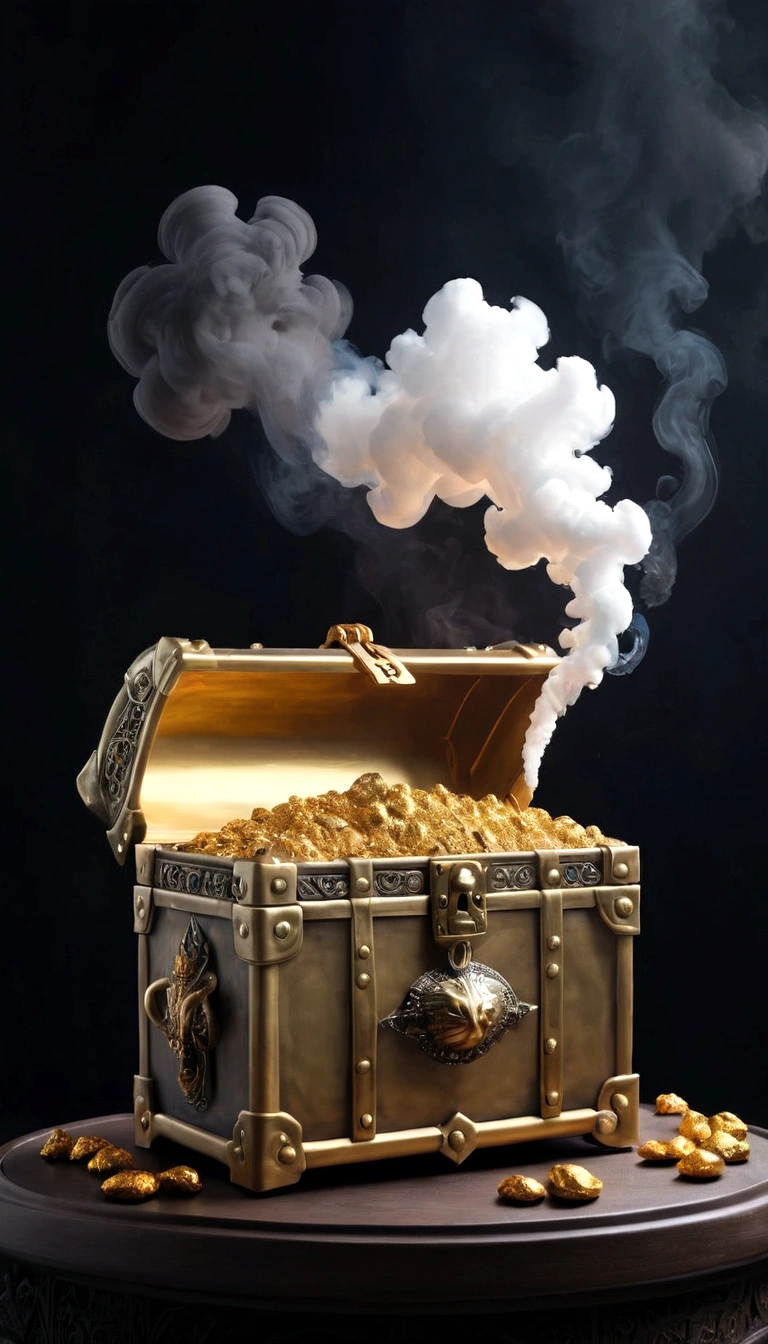 Inspired by《Aladdin's magic lamp》,Thick smoke floated out of the golden treasure chest and gradually turned into a monster in the air.,Mimic/Treasure Box Monster,in style of Maximalism ,