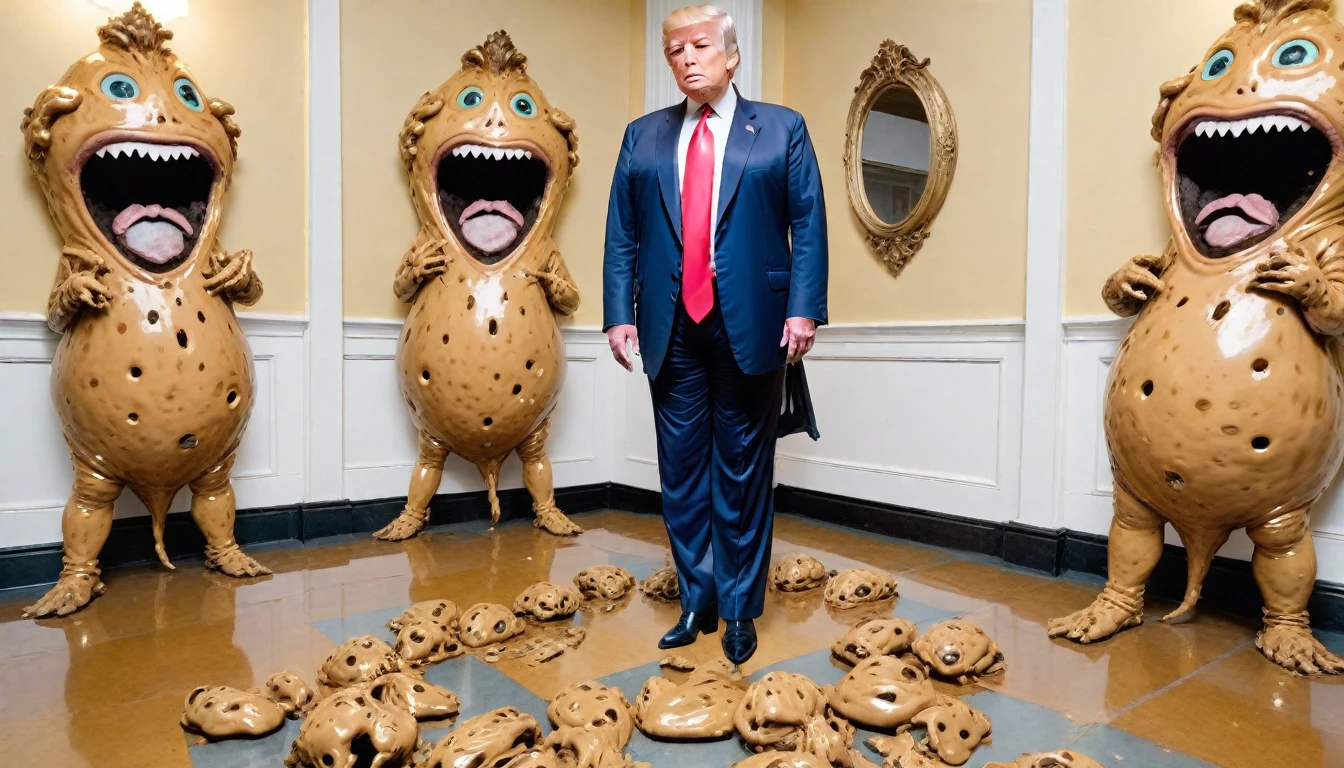 Donald Trump mayor, dressed as a , admiring a Bristol room full of gigantic pieces of seductive bipedal poo-legged poo lords on the floor of their poop mating glory hole on PPV , detailed face 